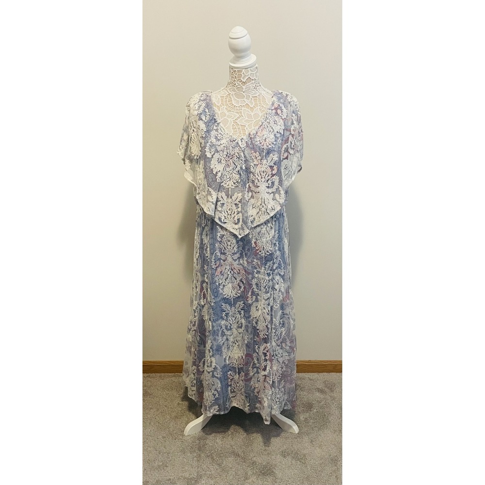 Reba Woman Blue White Lace Popover Maxi Dress 1X Damask Paisley Boho Flutter